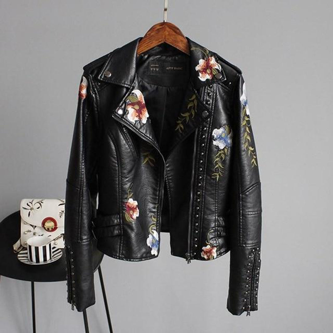Elegante chaqueta de cuero para mujer con estampado floral