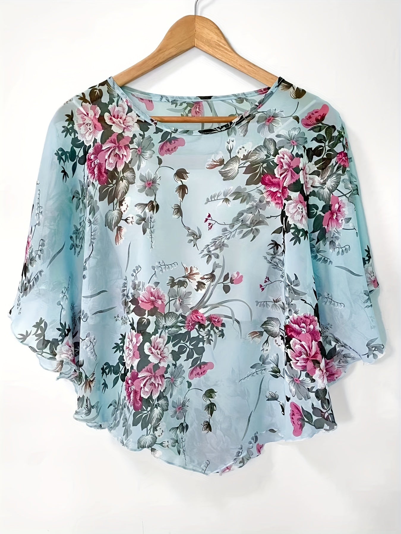 Blusa Floral Asimétrica - Mangas Transparentes y Diseño Pullover