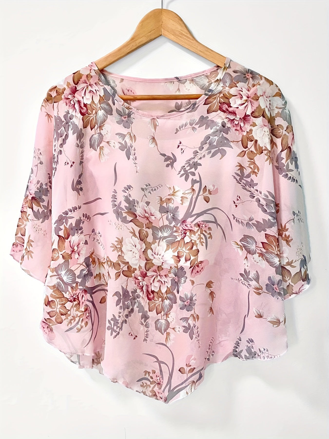 Blusa Floral Asimétrica - Mangas Transparentes y Diseño Pullover