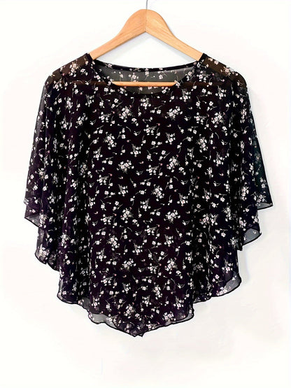 Blusa Floral Asimétrica - Mangas Transparentes y Diseño Pullover