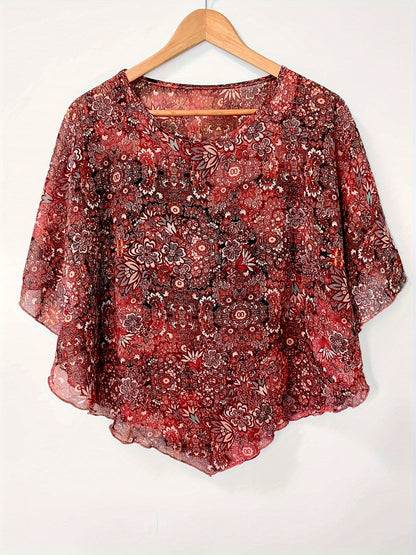Blusa Floral Asimétrica - Mangas Transparentes y Diseño Pullover