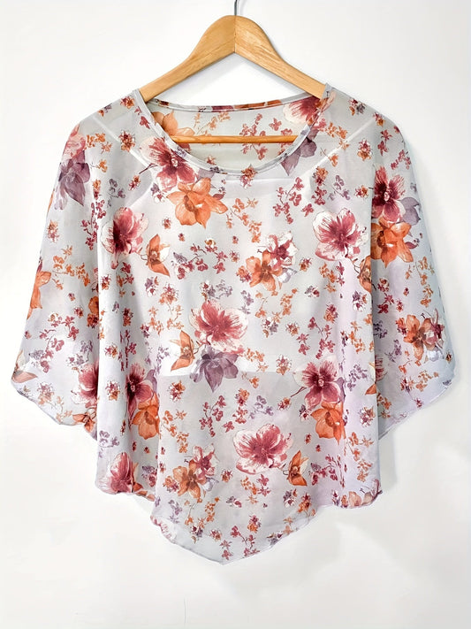 Blusa Floral Asimétrica - Mangas Transparentes y Diseño Pullover