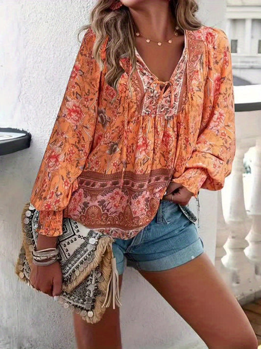 Camisa con lazo floral - Diseño de manga farol y corte relajado