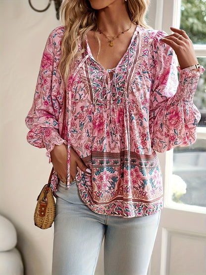 Camisa con lazo floral - Diseño de manga farol y corte relajado
