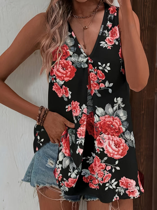 Blusa floral con cuello en V - Diseño sin mangas y tejido ligero