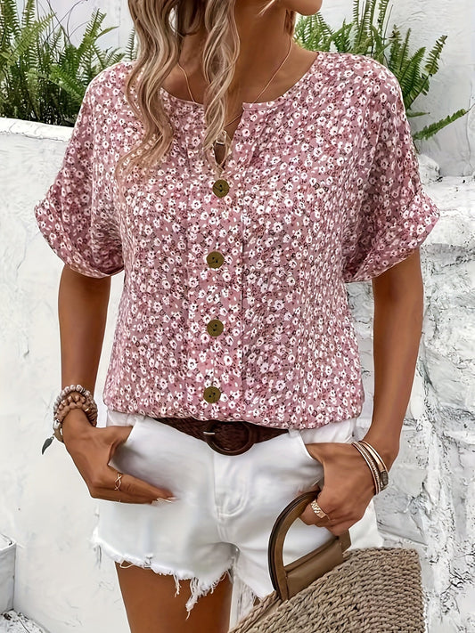 Camisa floral de manga corta y cuello en V - Cierre con botones y tejido transpirable