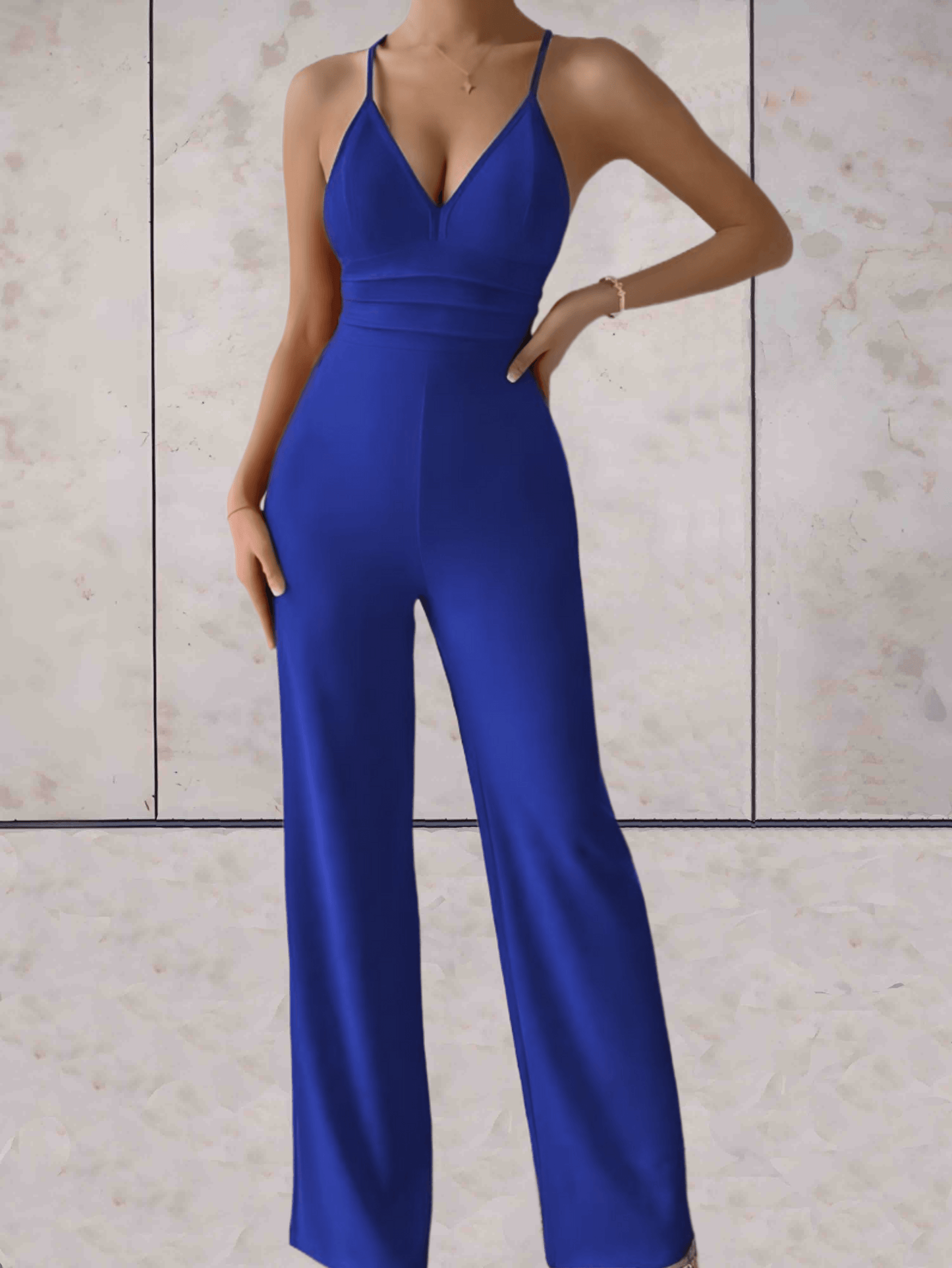 Camille - Elegante y chic mono sin mangas con escote en V, espalda descubierta y piernas anchas