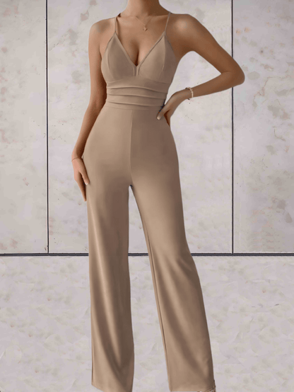 Camille - Elegante y chic mono sin mangas con escote en V, espalda descubierta y piernas anchas