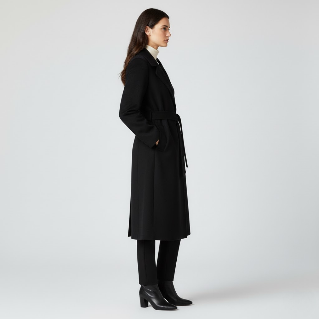 Czarny długi zimowy płaszcz