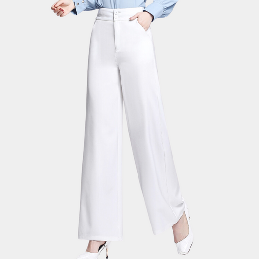 Elegantes pantalones de talle alto y pernera ancha para mujer