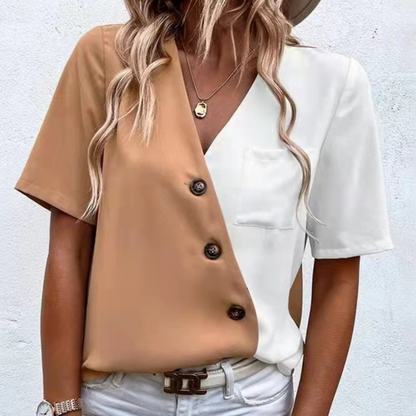 Lara - Blusa de mujer con elegante escote en V, detalle de botones y elegancia bicolor