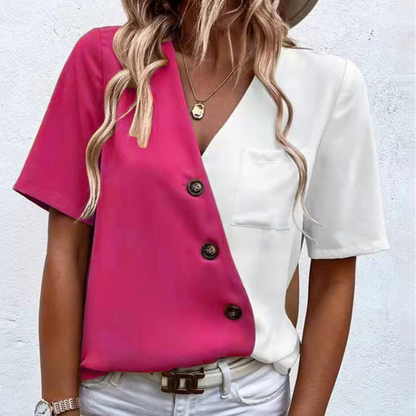 Lara - Blusa de mujer con elegante escote en V, detalle de botones y elegancia bicolor