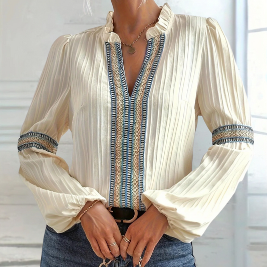 Teodora - Blusa de lujo para mujer con cuello en V y volantes