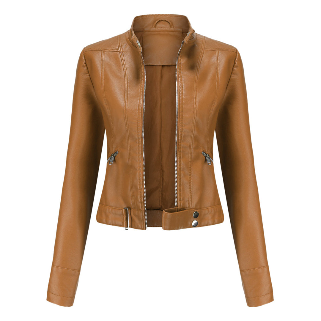 Elegante chaqueta de cuero para mujer con cinturón