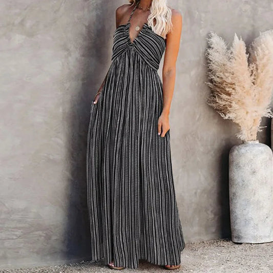 maxi vestido de rayas en línea A con escote profundo y lazo en la espalda