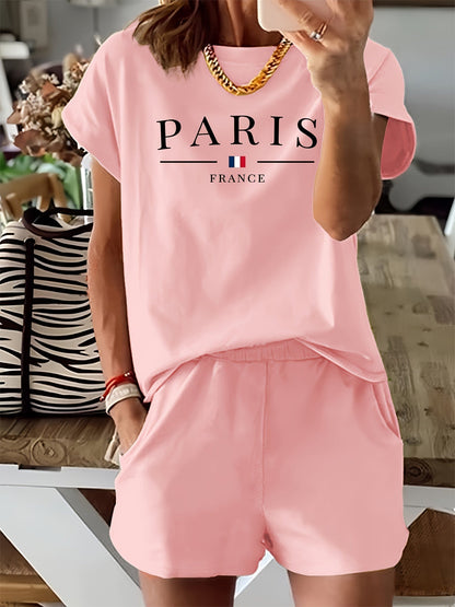 Camiseta casual y pantalones cortos - Estampado París y tejido de punto
