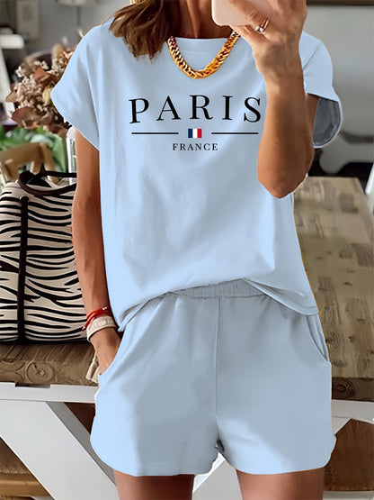 Camiseta casual y pantalones cortos - Estampado París y tejido de punto
