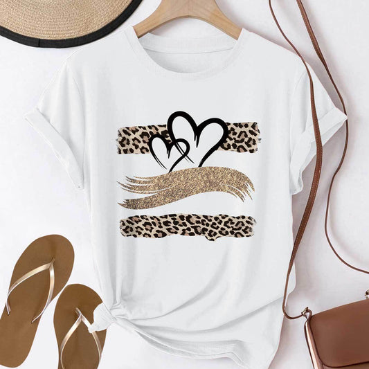 Camiseta casual - Manga corta y estampado de leopardo con gráfico de corazón