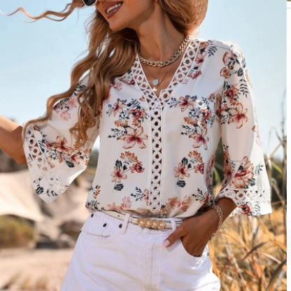 Camisa informal con cuello en V - Tejido vaporoso y forma amplia