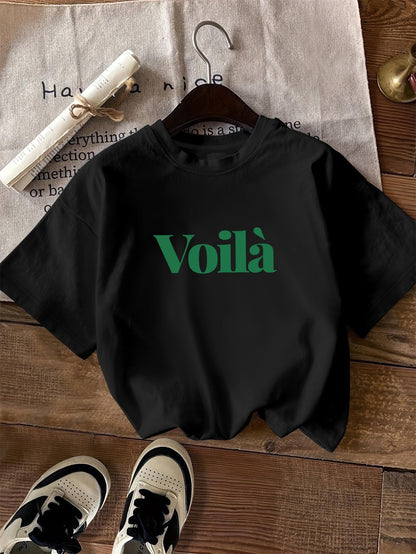 Camiseta gráfica casual - Estampado de texto Voilà y diseño de cuello redondo