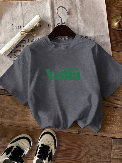 Camiseta gráfica casual - Estampado de texto Voilà y diseño de cuello redondo