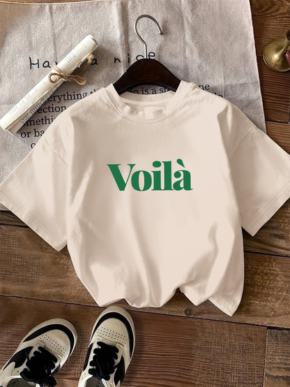 Camiseta gráfica casual - Estampado de texto Voilà y diseño de cuello redondo