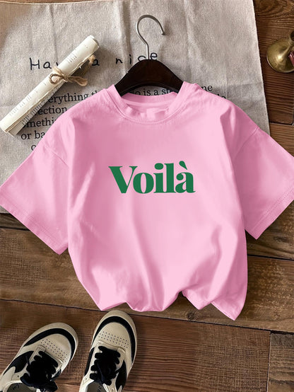 Camiseta gráfica casual - Estampado de texto Voilà y diseño de cuello redondo