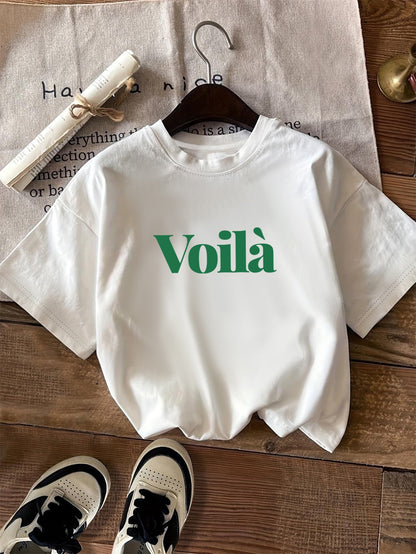 Camiseta gráfica casual - Estampado de texto Voilà y diseño de cuello redondo
