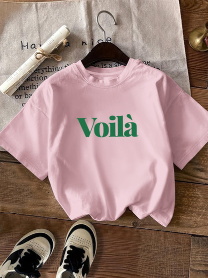 Camiseta gráfica casual - Estampado de texto Voilà y diseño de cuello redondo