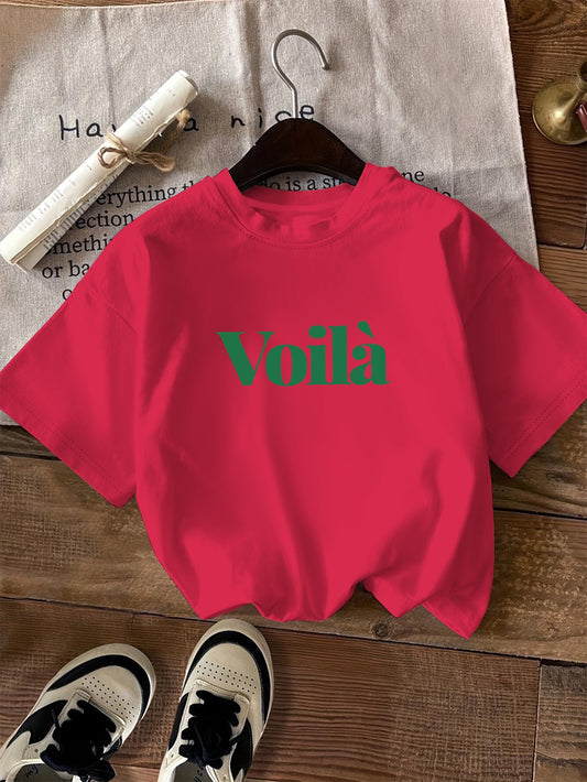 Camiseta gráfica casual - Estampado de texto Voilà y diseño de cuello redondo