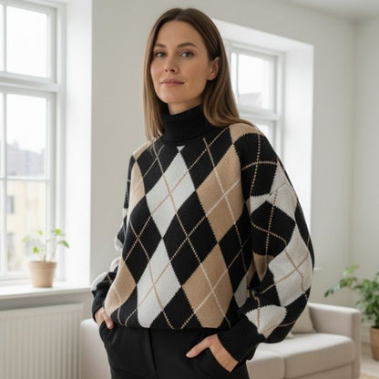 Catherine | Jersey elegante de mujer con estampado geométrico y cuello alto