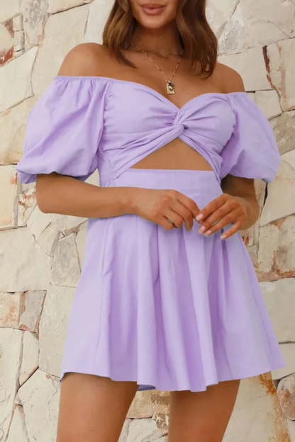 Celeste | Vestido plisado con manga farol y hombros descubiertos