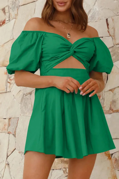 Celeste | Vestido plisado con manga farol y hombros descubiertos