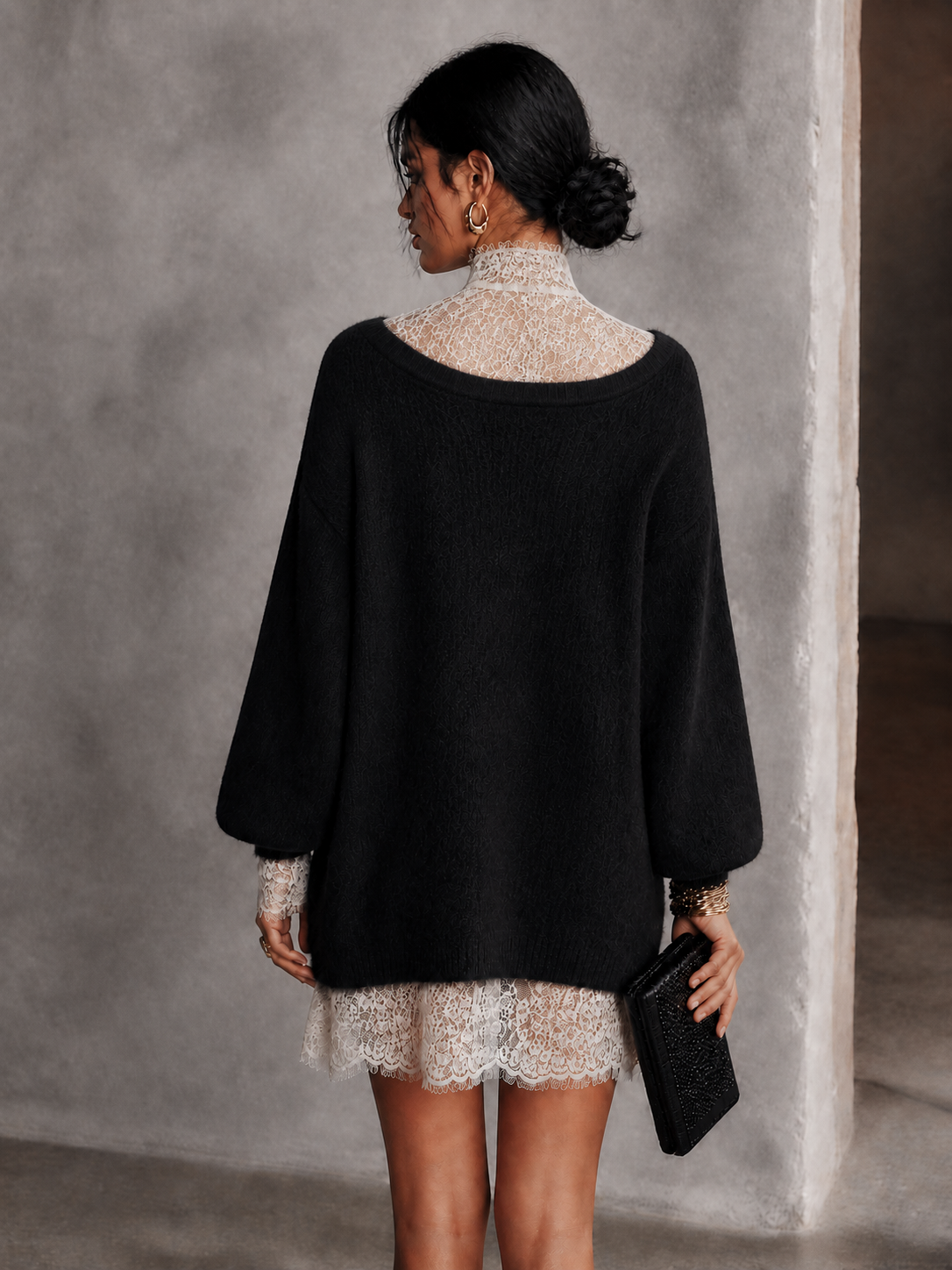 Damska Modna Sukienka Mini z Koronkowym Dekoltem V