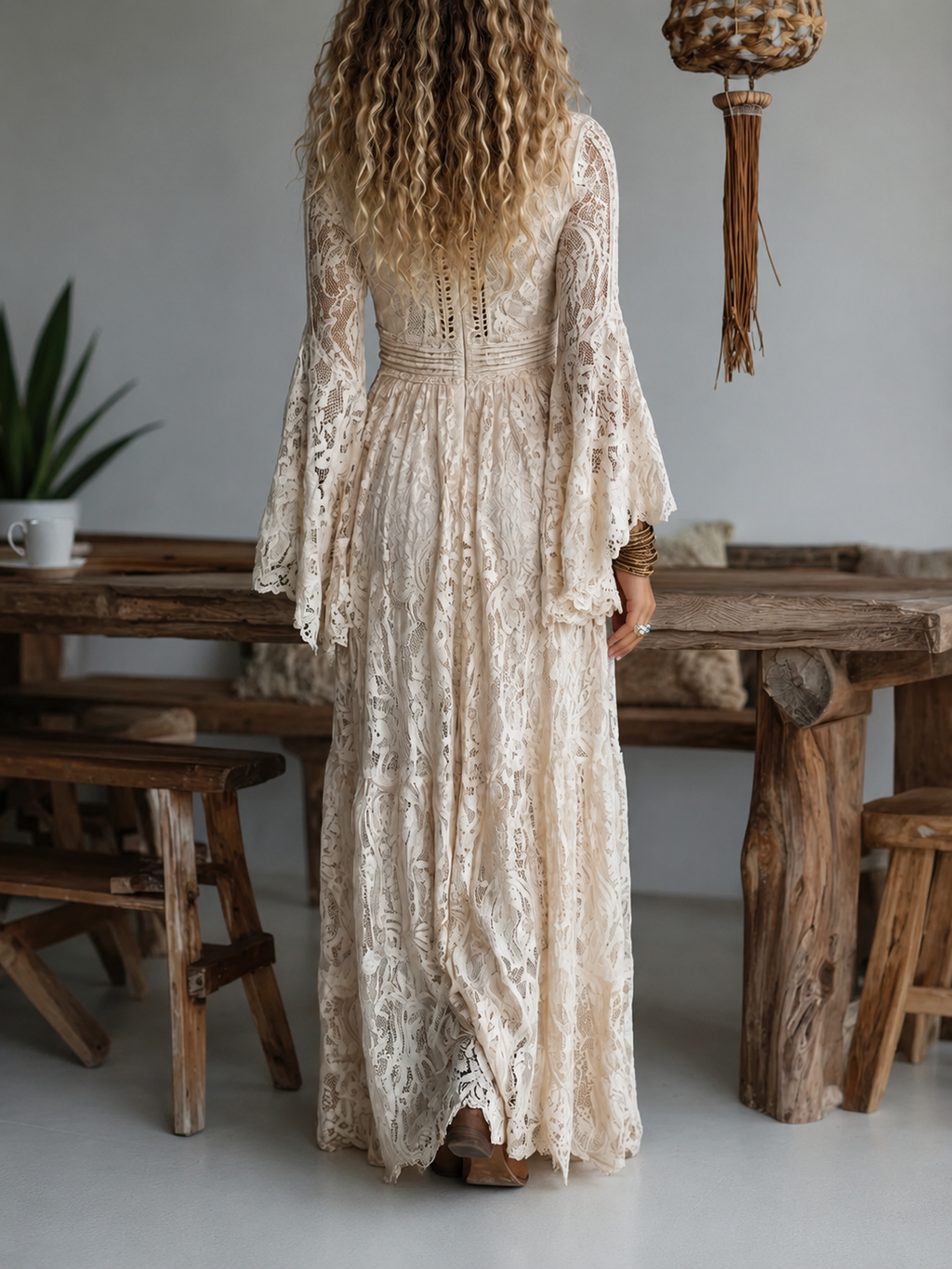 Damska Dekolt V Boho Rękaw Dzwon Koronkowa Sukienka Maxi