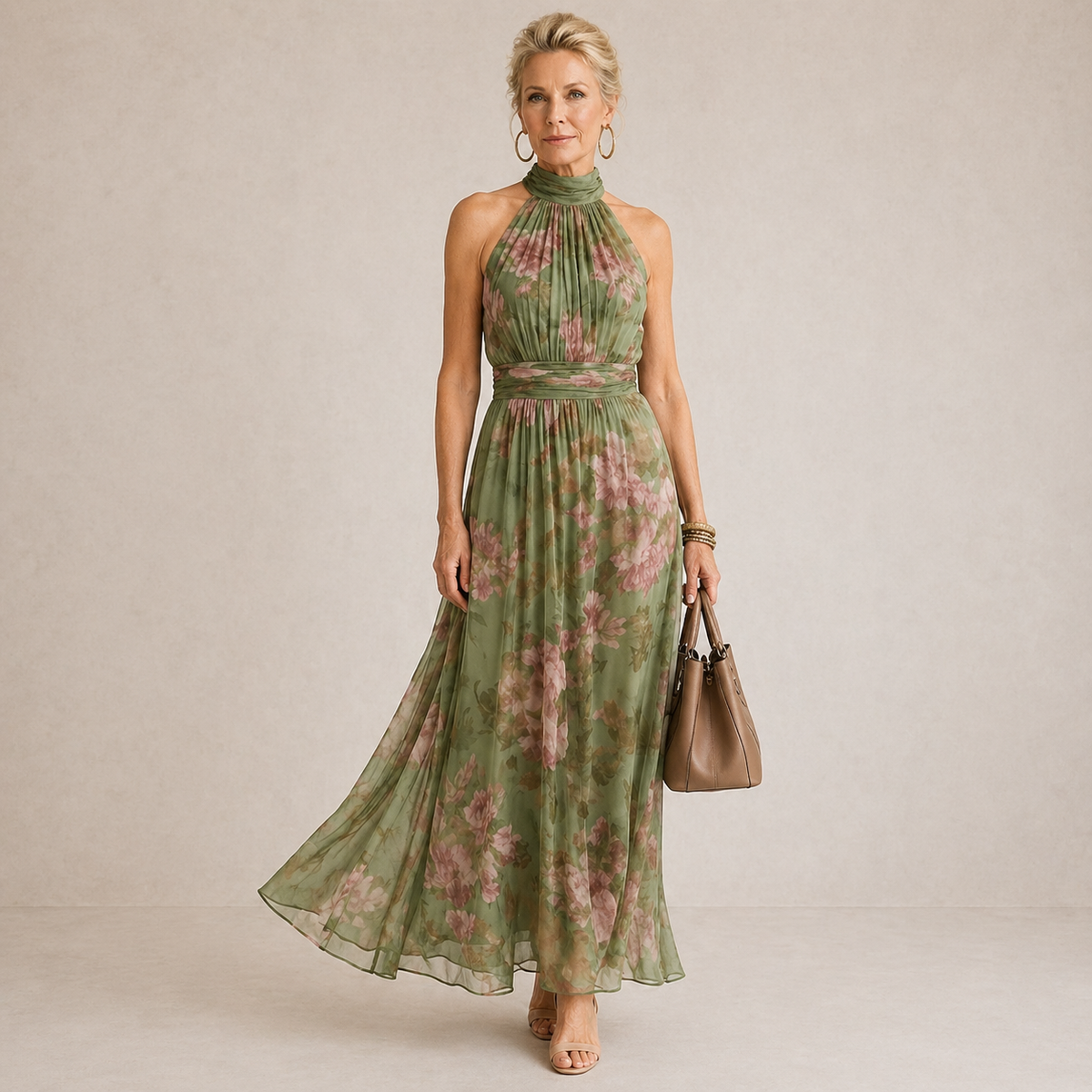 Damska Sukienka Maxi W Kwiaty Z Dekoltem typu Halter