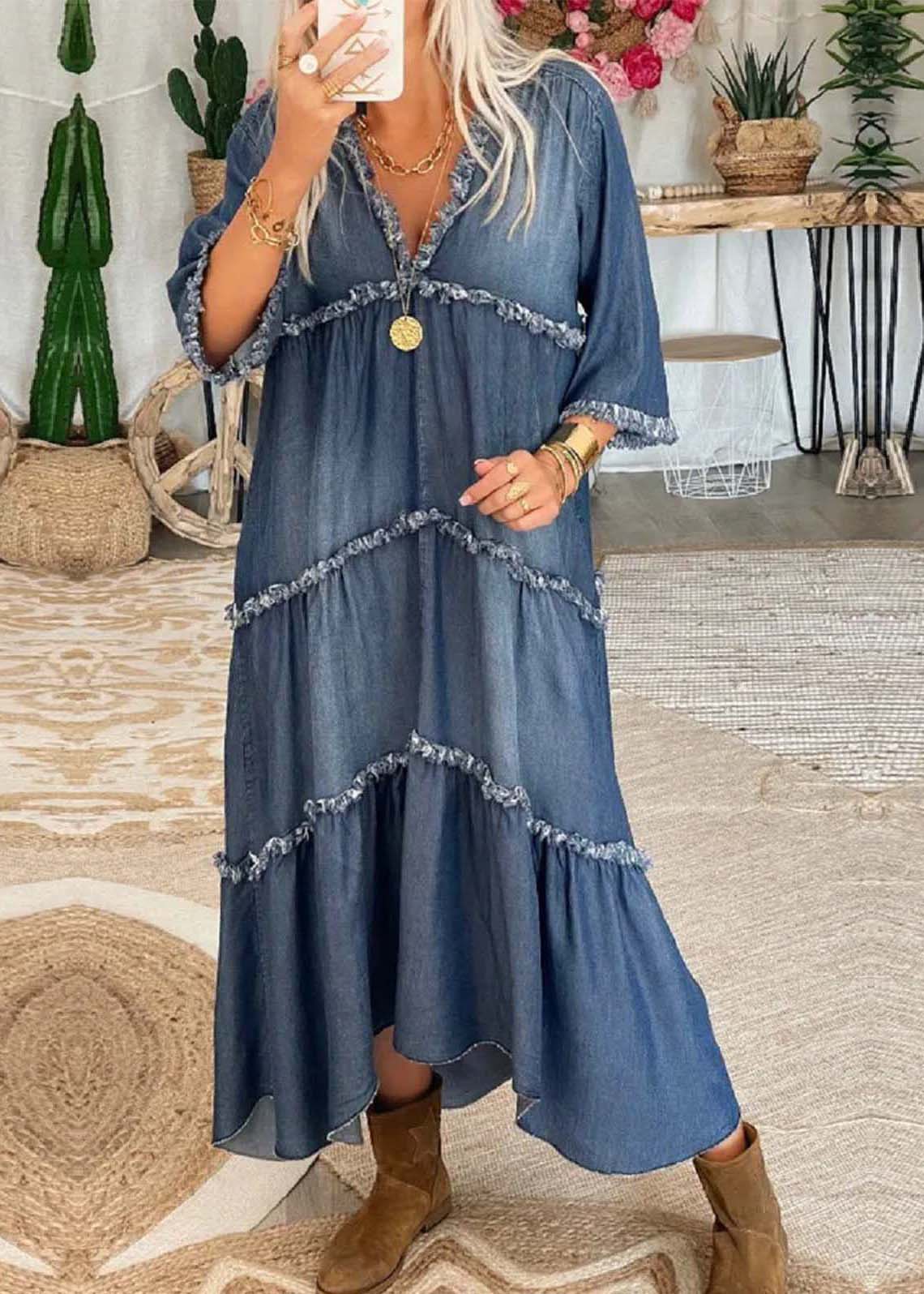 Vestido largo vaquero con borlas y cuello en V en azul marino con media manga