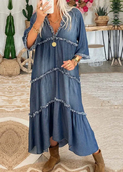 Vestido largo vaquero con borlas y cuello en V en azul marino con media manga