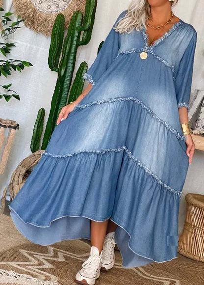 Vestido largo vaquero con borlas y cuello en V en azul marino con media manga