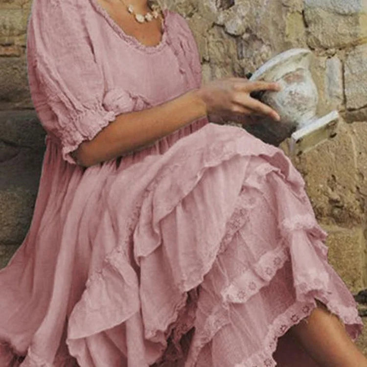 Cómodo maxivestido de lino con volantes de algodón de estilo vintage