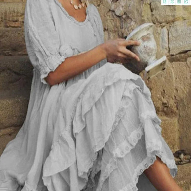 Cómodo maxivestido de lino con volantes de algodón de estilo vintage