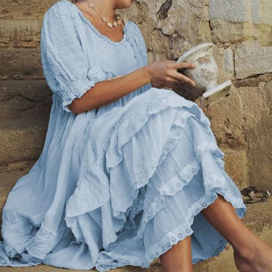 Cómodo maxivestido de lino con volantes de algodón de estilo vintage