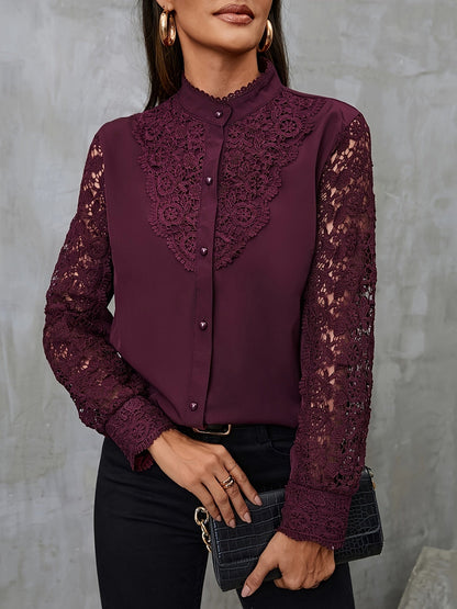 Blusa de encaje a contraste - patchwork de encaje y cuello mandarín