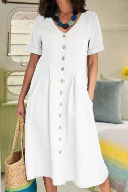 Vestido midi ligero con mangas cortas y estilo camisa abotonada