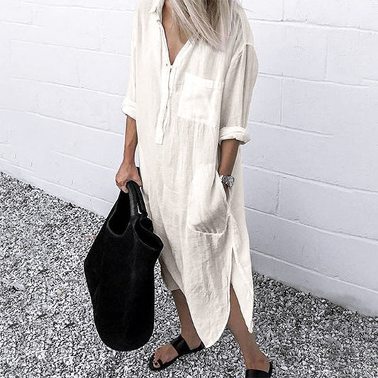 💐Elegante vestido camisero monocromo con abertura💐