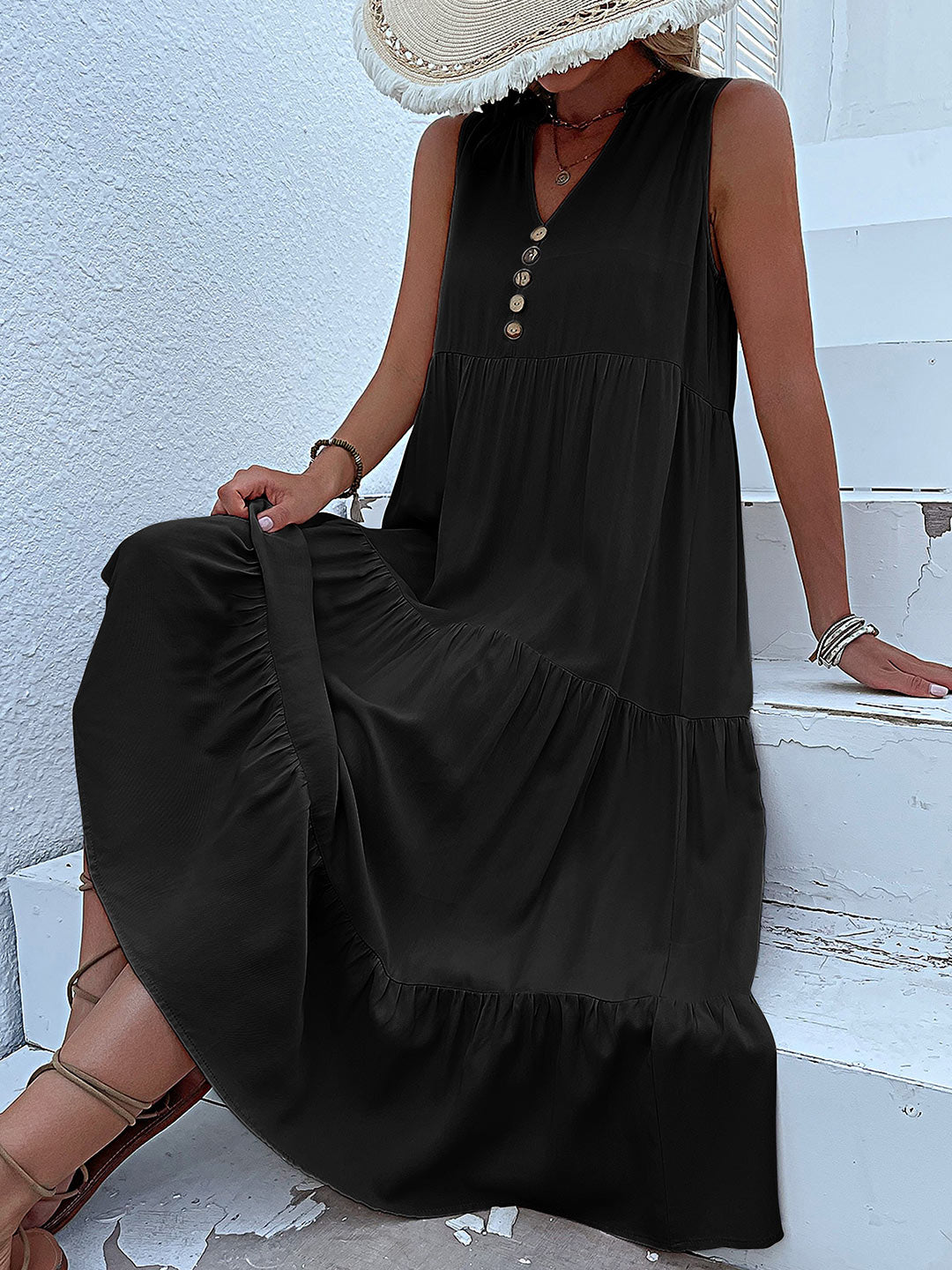 Amoura - Vestido de verano midi liso y holgado con botones para mujer