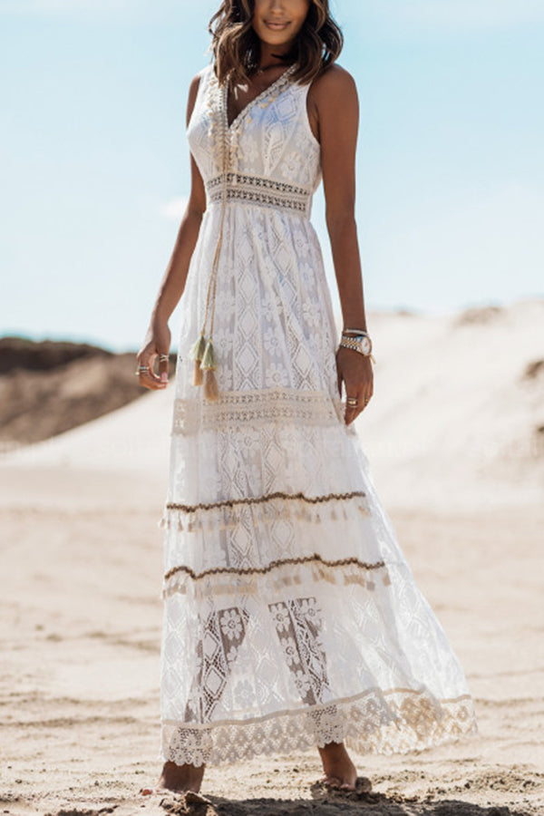 Damcy - Maxi vestido Boho Kisses con borlas y encaje