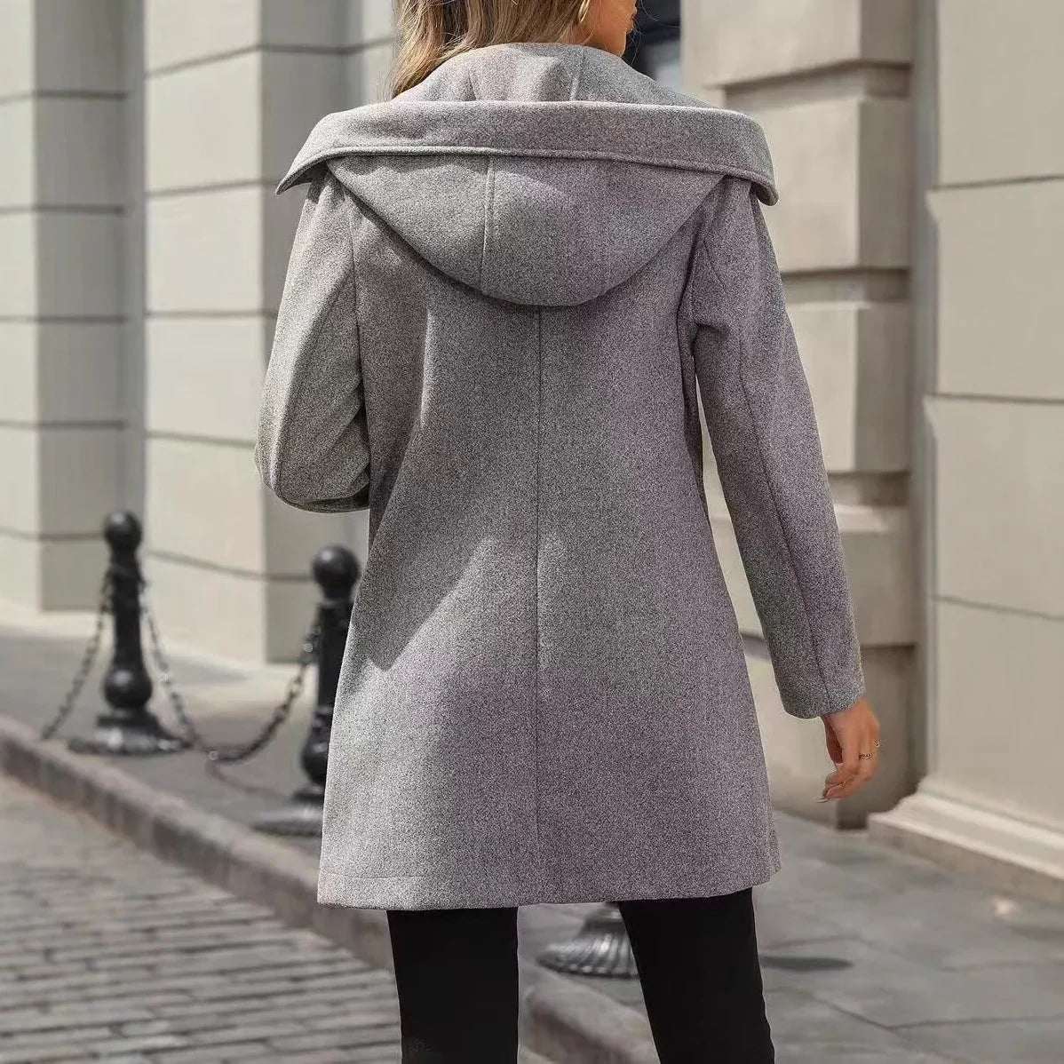 Damski Dwurzędowy Płaszcz Długi Kaptur Dopasowany Krój