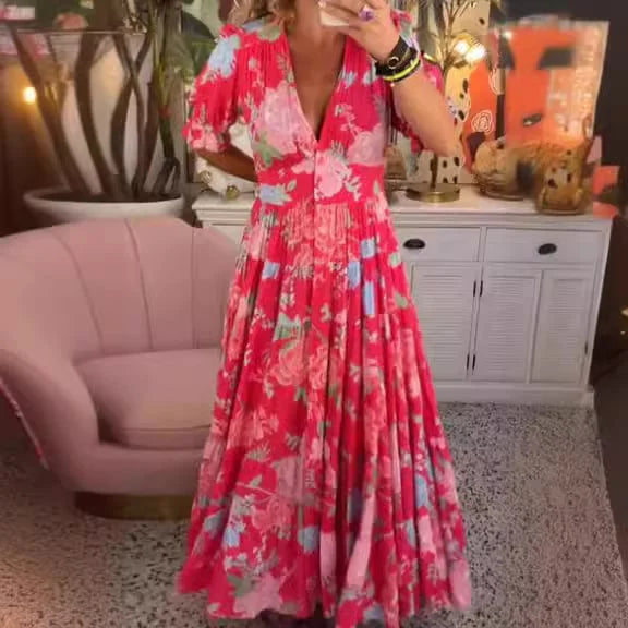 Delvina - Cómodo vestido largo con escote en V y bolsillo