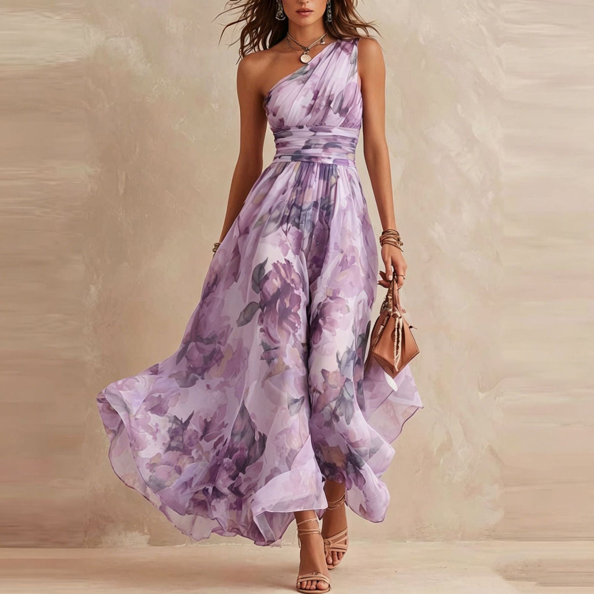 Damska Sukienka Maxi W Kwiaty Na Jedno Ramię